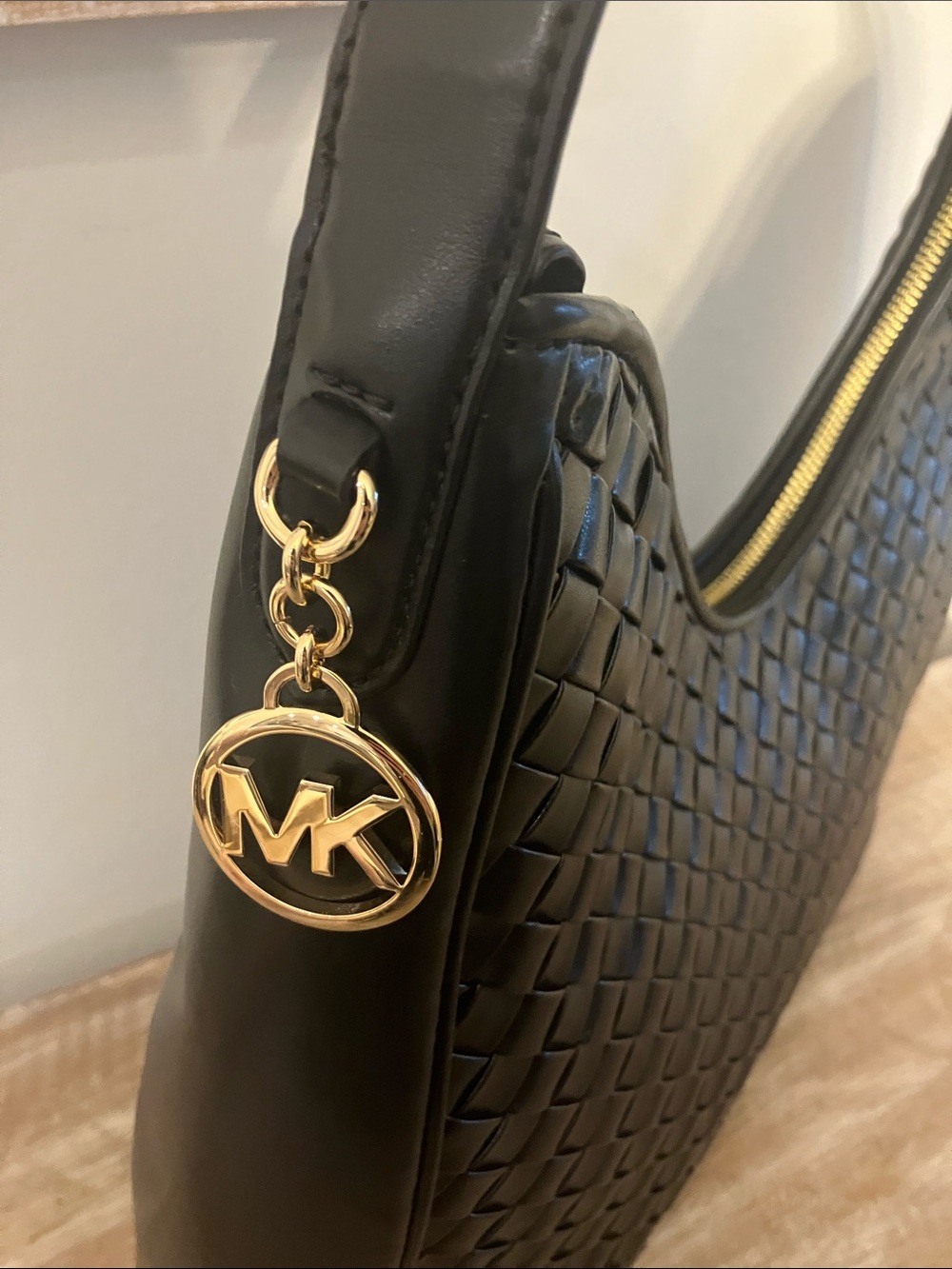 Michael Kors Black Woven Hobo Shoulder Bag with Gold Accents - Picture 9 of 10